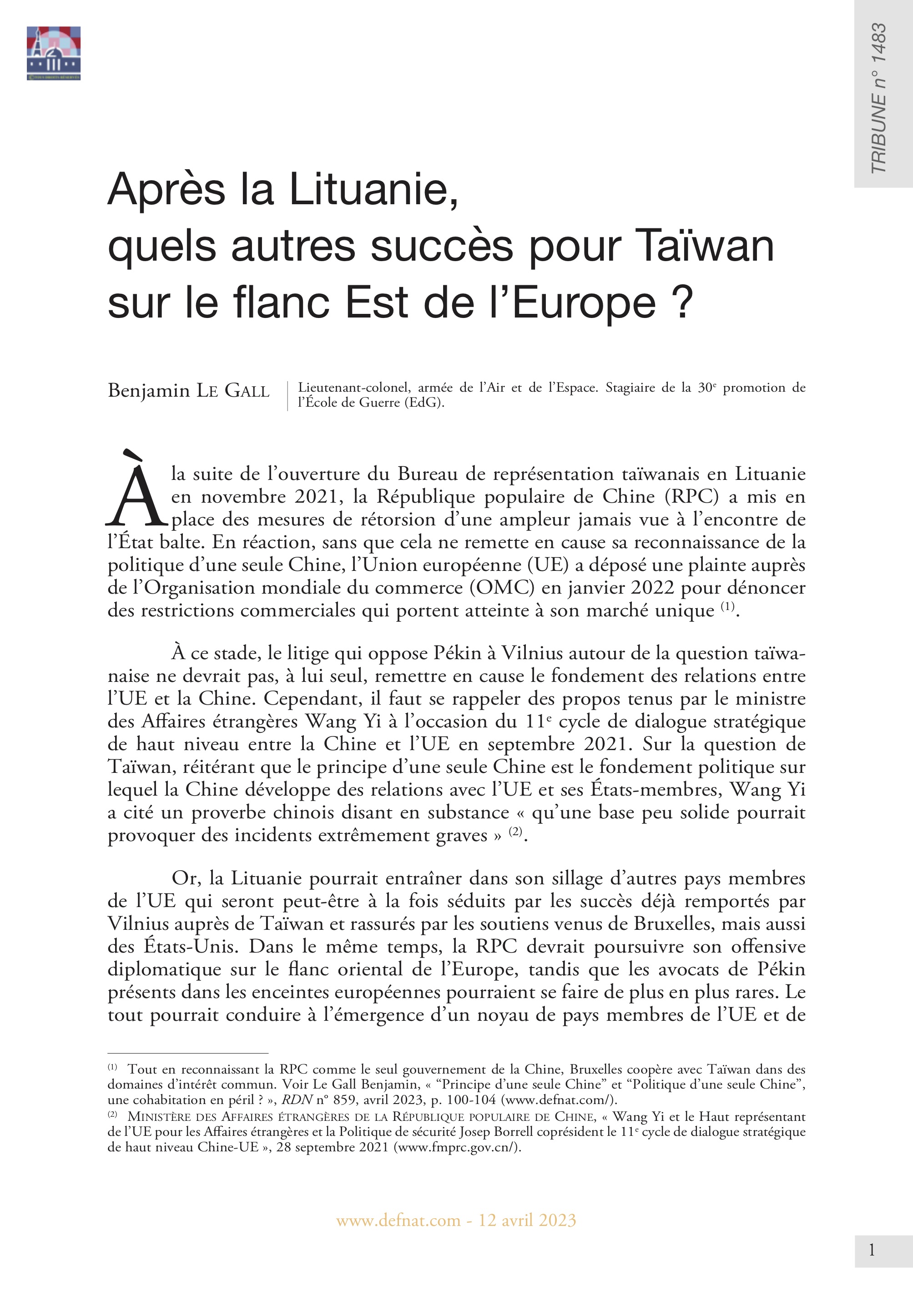 Après la Lituanie, quels autres succès pour Taïwan sur le flanc Est de l’Europe ? (T 1483)
